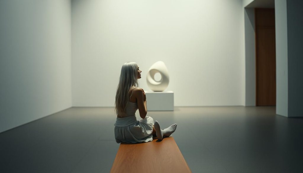 A serene, minimalist scene of a young woman with long white hair sitting on a wooden bench, her knees drawn up to her chest, gazing contemplatively at a simple, abstract sculpture in a dimly lit gallery. Soft, diffused lighting creates a sense of tranquility, while the sparse, clean lines of the architecture and artwork evoke a meditative atmosphere. The woman's pose and expression convey a profound engagement with the essence of the minimalist work, as if she is deeply listening to the subtle shifts in form, texture, and time.