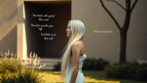 Minimalism Quotes: A serene, minimalist setting with a slender woman standing in a peaceful garden, her long white hair cascading softly in the gentle breeze. The background features a simple, clean-lined architectural structure, its muted tones complementing the natural elements. Soft, diffused lighting casts a warm, contemplative glow, highlighting the woman's tranquil expression as she gazes thoughtfully at a series of elegant, handwritten minimalism quotes floating in the air before her. The overall mood is one of clarity, simplicity, and introspection.