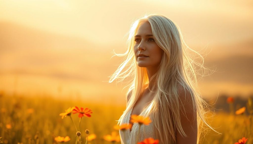 A serene, peaceful woman stands in a sunlit field, her long white hair flowing gently in the breeze. The warm, golden light bathes her in a soft, ethereal glow, creating a sense of tranquility and inner calm. In the middle ground, vibrant wildflowers sway, their petals dancing to an unseen rhythm. The background is a hazy, dreamlike landscape of rolling hills and a vast, endless sky, blending seamlessly to evoke a feeling of boundless freedom. The woman's expression is contemplative, her body language relaxed and at ease, conveying a sense of liberation from the constraints of the material world.