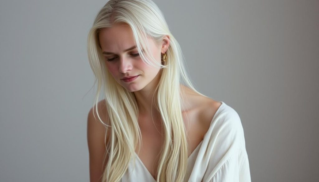 A serene, pensive portrait of Eva Hesse, a pioneering post-minimalist artist. Her lithe, 25-year-old frame is draped in a simple white cotton dress, her long white hair cascading down her shoulders. The soft, diffused lighting creates a contemplative mood, casting gentle shadows that accentuate the angular lines of her face. The background is a muted, neutral palette, allowing the subject to take center stage, her gaze directed inward, capturing the introspective nature of her artistic practice as she transitioned from minimalism to the more expressive, experimental forms of post-minimalism.