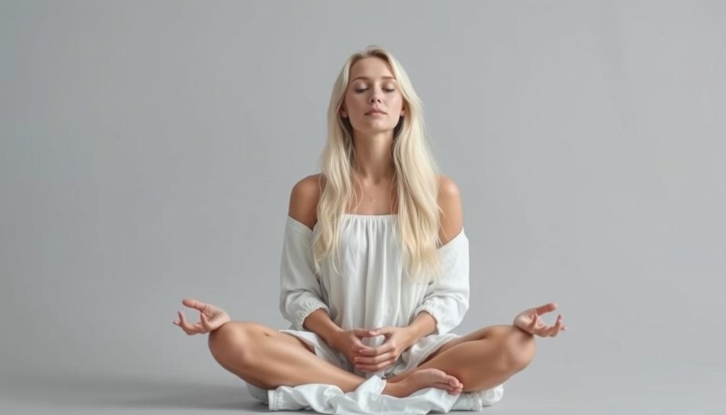 A serene young woman sits cross-legged, her long white hair cascading over a simple white cotton dress. She gazes inwardly, her expression calm and focused, as if meditating on the minimalist beauty around her. The background is a soft, muted gray, creating a sense of tranquility and introspection. Soft, natural lighting illuminates her face, casting gentle shadows that accentuate her features. The overall mood is one of mental clarity, emotional balance, and the liberation of decluttering one's mind.