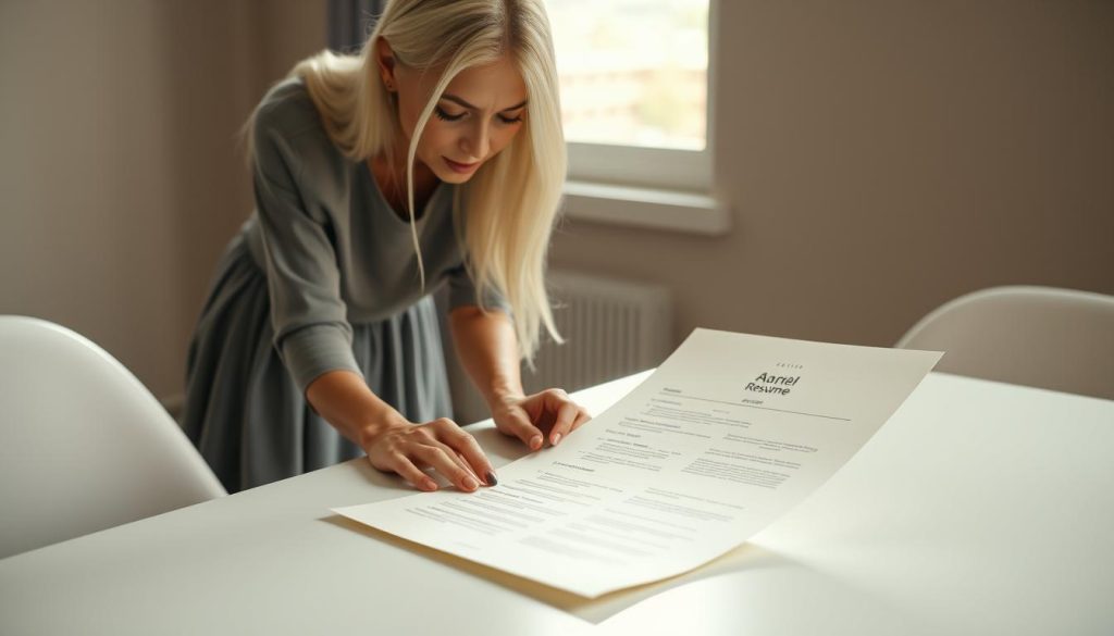 A simple yet elegant resume, showcased on a clean, minimalist table. The paper has a crisp, off-white hue, with a faint grid pattern that adds subtle texture. The skinny 25-year-old woman, dressed in a knee-length cotton dress, leans forward, her long white hair framing her focused expression as she reviews the resume. Soft, diffused lighting from a window casts a warm glow, highlighting the professionalism and attention to detail. The background is a muted, neutral tone, allowing the resume to take center stage as the focal point. This image captures the essence of a high-impact, minimalist resume that commands attention and showcases the applicant's qualifications.