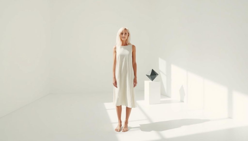 A slender 25-year-old woman with cascading white hair stands in a minimalist, sun-drenched room. She wears a simple knee-length cotton dress, her gaze directed calmly at the viewer. The space is devoid of clutter, with clean lines and neutral tones predominating. A single geometric sculpture sits on a pedestal, casting soft shadows on the pristine white walls. The atmosphere is one of serene contemplation, inviting the viewer to pause and reflect on the relationship between the human form, the object, and the surrounding environment.