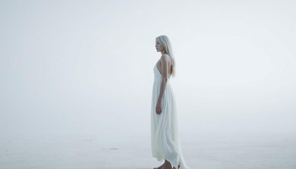 A slender woman in a flowing white cotton dress stands alone in a vast, minimalist landscape. Soft, directional lighting illuminates her serene expression and highlights the elegant lines of her long, pale hair. The background is a simple, muted palette of soft grays and blues, creating a sense of spaciousness and tranquility. The camera angle is slightly elevated, lending an air of contemplation to the scene. The overall mood is one of quiet introspection, inviting the viewer to pause and reflect on the beauty of solitude and the power of simplicity. A slender woman in a flowing white cotton dress stands alone in a vast, minimalist landscape. Soft, directional lighting illuminates her serene expression and highlights the elegant lines of her long, pale hair. The background is a simple, muted palette of soft grays and blues, creating a sense of spaciousness and tranquility. The camera angle is slightly elevated, lending an air of contemplation to the scene. The overall mood is one of quiet introspection, inviting the viewer to pause and reflect on the beauty of solitude and the power of simplicity.
