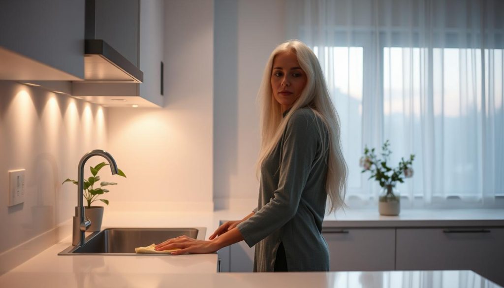 A softly lit kitchen at dusk, the woman stands at the counter, her long white hair cascading around her face as she carefully wipes down the pristine surfaces. Gentle evening light filters through sheer curtains, casting a warm glow over the minimalist space. The woman pauses, taking a moment to admire the clean, uncluttered countertops and cabinets, a serene expression on her face. A single potted plant and a vase of fresh flowers add subtle pops of greenery, complementing the muted tones of the kitchen. The scene evokes a sense of tranquility and mindfulness, a nightly reset before the start of a new day.