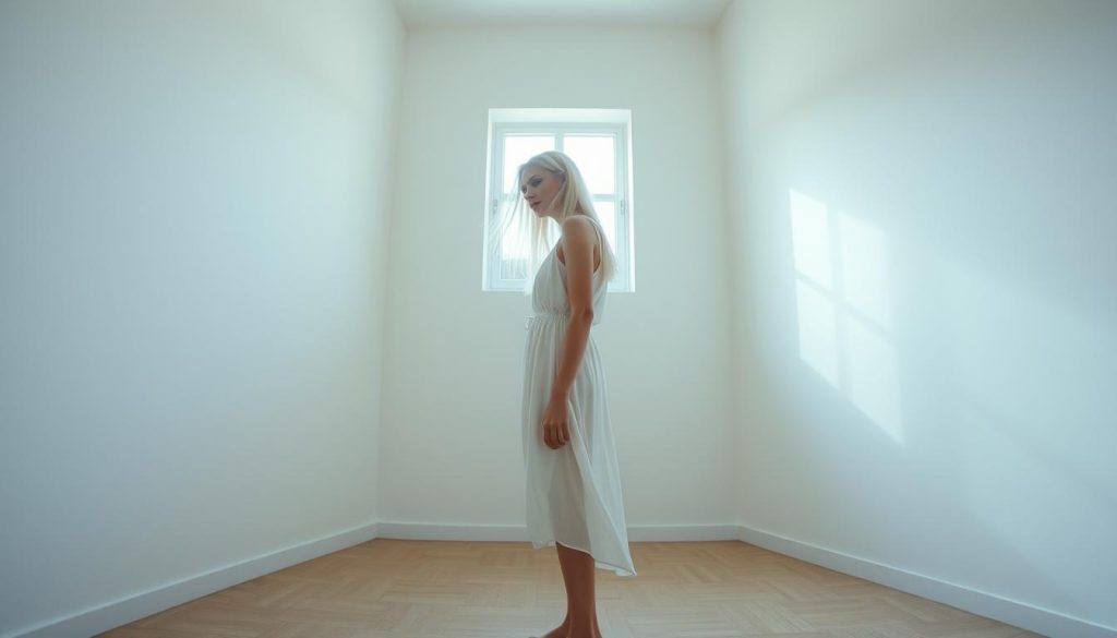 A solitary figure, a young woman with flowing white hair, stands in a sparse, minimalist room. Soft, natural light filters through a single window, casting gentle shadows on the bare walls. The woman's simple cotton dress billows softly, her expression contemplative, disconnected from the surrounding emptiness. The atmosphere is serene, yet tinged with a sense of isolation, a deliberate rejection of the material world. This is the essence of extreme minimalism – a personal, selfish pursuit of purity and detachment, at the expense of community and shared experience.