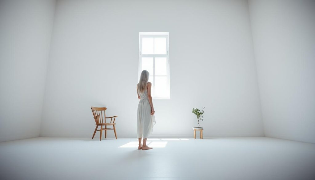 A stark, minimalist interior with a lone woman standing in the center of a vast, open space. Natural light streams in through a single window, casting long shadows across the stark white walls. The woman's lithe frame is draped in a simple, flowing cotton dress, her long white hair cascading down her back. The room is devoid of clutter, with only the essentials - a plain wooden chair, a small side table, and a single potted plant - interrupting the clean, uncluttered lines. The atmosphere is one of tranquility and serenity, inviting the viewer to pause and reflect on the power of less.