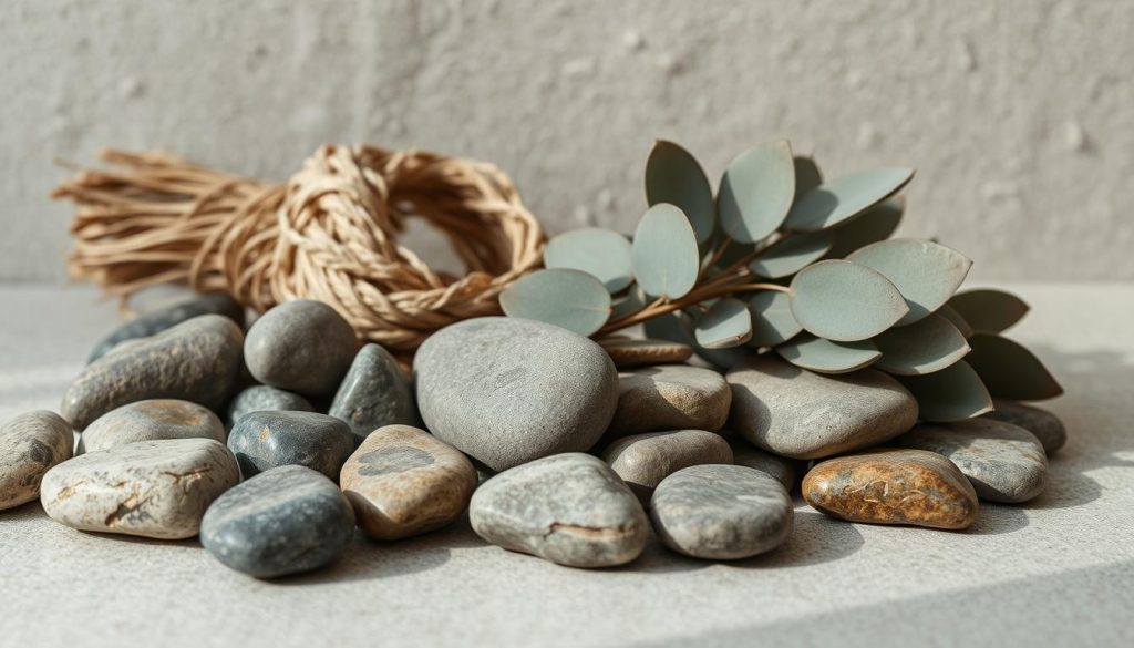 A still life arrangement of natural materials captured in soft, natural lighting. In the foreground, a collection of smooth river stones, their surfaces gently worn by the flow of water. Interspersed among them, a bundle of raw sisal rope, its coarse texture contrasting with the polished stones. In the middle ground, a handful of dried eucalyptus leaves, their muted green-gray tones and leathery appearance adding a sense of earthy elegance. The background is a neutral, textured surface, allowing the natural materials to take center stage. The overall mood is one of simplicity, warmth, and a connection to the natural world.
