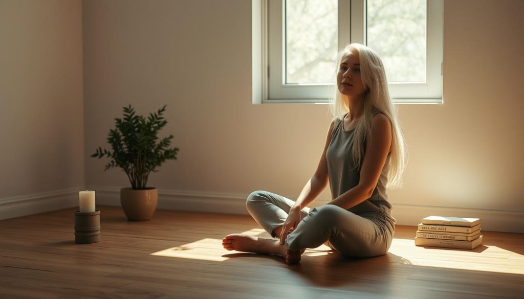 Why Love Languages Are Important: Boost Your Bond Today A sun-drenched minimalist setting, a young woman with flowing white hair sits cross-legged on a wooden floor, surrounded by simple objects - a potted plant, a single candle, a stack of books. Soft natural light filters through a large window, casting gentle shadows. The woman's expression is serene, her gaze focused inward as she contemplates the 30-day minimalism challenge. The sparse, uncluttered environment reflects the tranquil mood, inviting the viewer to pause and consider the transformative power of decluttering and living with less.