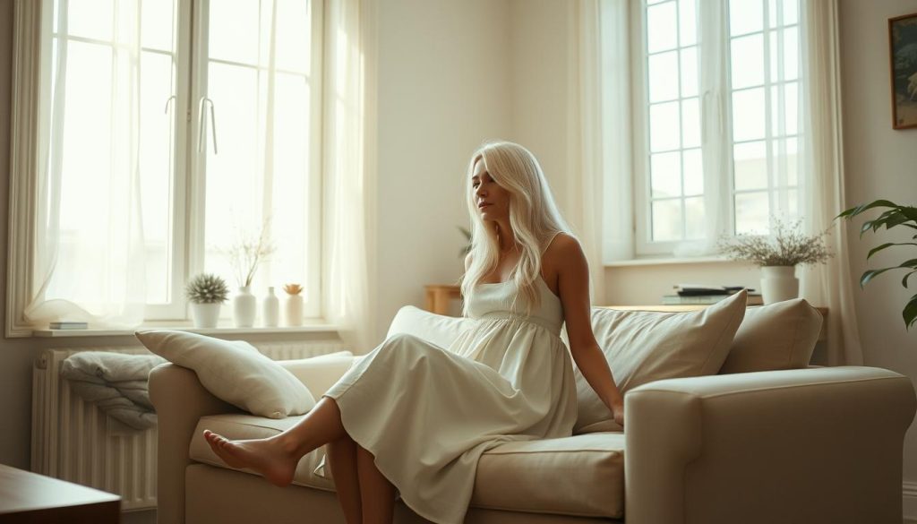 A sun-drenched room with a minimalist aesthetic, featuring a slender 25-year-old woman with long white hair wearing a knee-length cotton dress. The space is filled with a sense of effortless elegance, yet hints of disorder create a captivating "messy minimalism" vibe. Soft natural light filters through large windows, casting a warm glow on the woman as she casually reclines on a simple yet stylish couch, surrounded by a few carefully curated decor pieces. The overall impression is one of balance between order and subtle chaos, reflecting the nuanced nature of this particular lifestyle choice.
