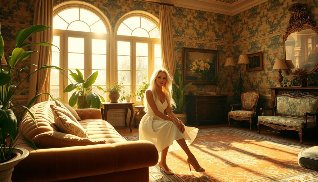 A sun-drenched vintage living room, filled with lush botanicals and opulent fabrics. In the foreground, a slender young woman with cascading white hair sits on a tufted velvet sofa, her knee-length cotton dress flowing gracefully. Warm, golden light streams through large, arched windows, casting a soft glow on the intricate floral wallpaper and ornate, gilded accents. Plush area rugs and a mix of antique and mid-century furniture create a rich, layered aesthetic. The overall atmosphere evokes a sense of romantic maximalism, a vibrant revival of a bygone era.