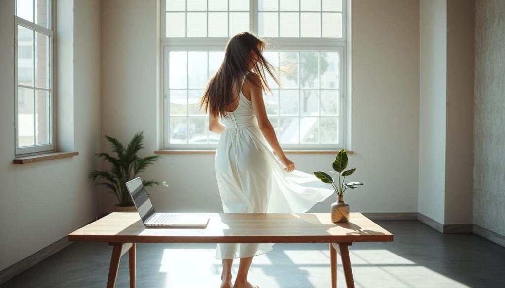 A tranquil, minimalist office nook with a slender woman in a flowing white dress, her long hair billowing gently. Sunlight filters in through large windows, casting a soft, natural glow. In the foreground, a simple wooden desk holds a laptop, a small ceramic vase with a single stem, and a leafy potted plant. The background features neutral-toned walls and a polished concrete floor, creating a calming, uncluttered atmosphere. The overall scene radiates a sense of serenity and focus, inspiring productivity and creativity.