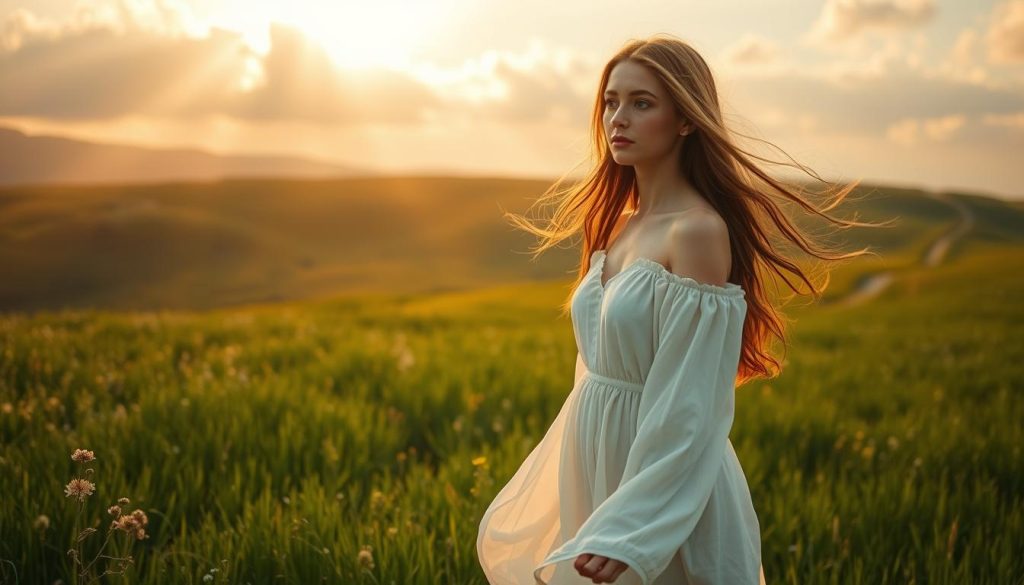 A tranquil scene of a young woman in a flowing white dress, her long hair gently swaying in the breeze. She stands in a lush, verdant field, surrounded by wildflowers and tall grasses. The sun's golden rays filter through wispy clouds, casting a warm, ethereal glow over the serene landscape. In the distance, a winding path leads through rolling hills, hinting at the mysteries and discoveries that await beyond the horizon. The woman's expression is one of contemplation, her gaze turned inward as she embraces the present moment, a vivid embodiment of the everyday magic that permeates the fabric of our lives.