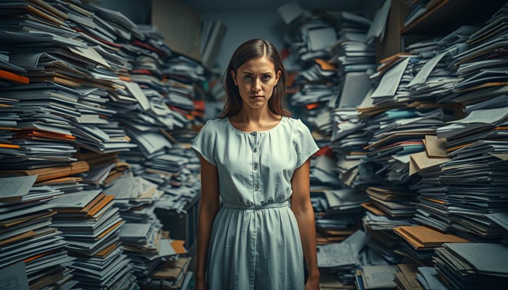 A young woman in a simple white dress stands amidst a cluttered, dimly lit room. Piles of unfinished tasks, overflowing inboxes, and a sea of half-used notebooks surround her, casting a heavy, overwhelming atmosphere. Her expression is one of exhaustion, her brow furrowed as she gazes helplessly at the chaos before her. Soft, warm lighting casts long shadows, emphasizing the sense of decision fatigue that permeates the scene. The camera angle is slightly low, putting the viewer in the woman's shoes, feeling the burden of too many choices and the desperation to regain control over her environment and her life.
