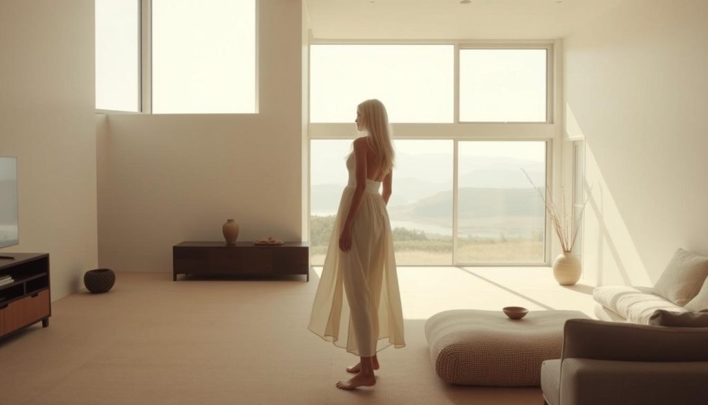 An airy, minimalist interior design featuring a large window overlooking a serene landscape. A slender young woman with long white hair dressed in a flowing cotton dress stands in the middle of the room, her delicate silhouette framed by the natural light streaming in. The space is sparsely furnished with clean lines and neutral tones, a few carefully curated decor elements adding subtle visual interest. Soft, diffused lighting creates a tranquil, contemplative atmosphere. The overall aesthetic is one of pared-down elegance and quiet sophistication, in harmony with the woman's serene presence.