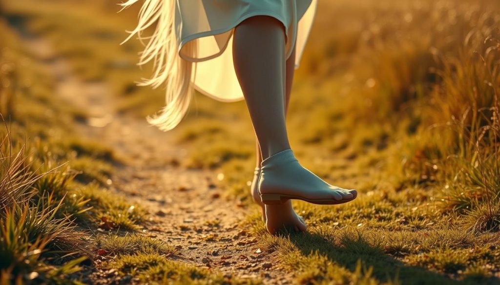 Barefoot shoes worn by a slender woman with long white hair, standing on a grassy trail under warm, diffused natural lighting. The shoes have a minimal, streamlined design with a flexible, almost sock-like upper and a thin, pliable sole. The woman's pose exudes an effortless, grounded confidence as she strides forward, her dress flowing gently in the breeze. The scene conveys a sense of simplicity, versatility, and a connection to the natural world.