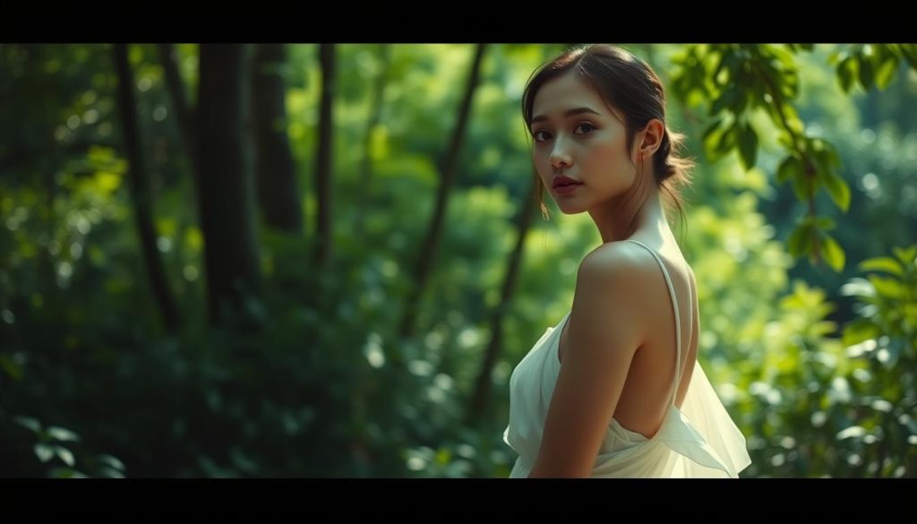 Intimate portrait of a young woman in a serene natural setting, conveying the essence of meaningful relationships. A slender, ethereal figure in a flowing white dress stands amidst lush greenery, her gaze introspective, exuding a sense of calm and connection. Soft, diffused lighting bathes the scene, creating a dreamlike atmosphere. The background is a verdant, sun-dappled forest, hinting at the rejuvenating power of the natural world. The composition is balanced, with the woman's pose and the surrounding foliage creating a sense of harmony and tranquility. The overall mood evokes the cherished bonds between people and the importance of nurturing meaningful connections.