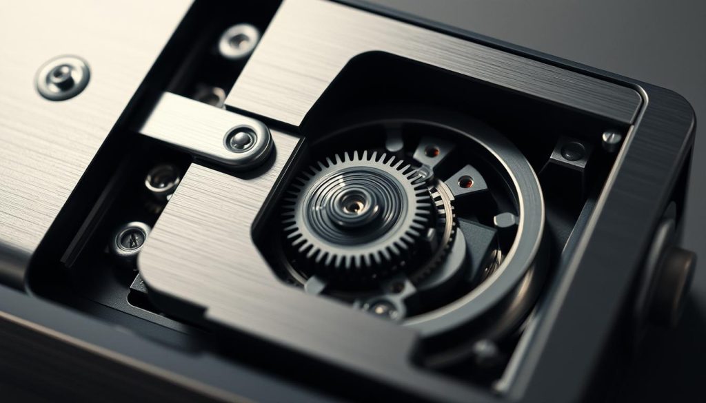 Intricate mechanism in a minimalist, functional design. Brushed metal components including a slim pull-tab ejector, delicate gears, and a hidden compartment with a smooth, magnetic fold. Crisp lighting from a low camera angle highlights the industrial aesthetic and the intricate workings within a compact, refined form. Muted tones of silver, steel, and gunmetal evoke a sense of understated sophistication, as if designed for the discerning, style-conscious individual.