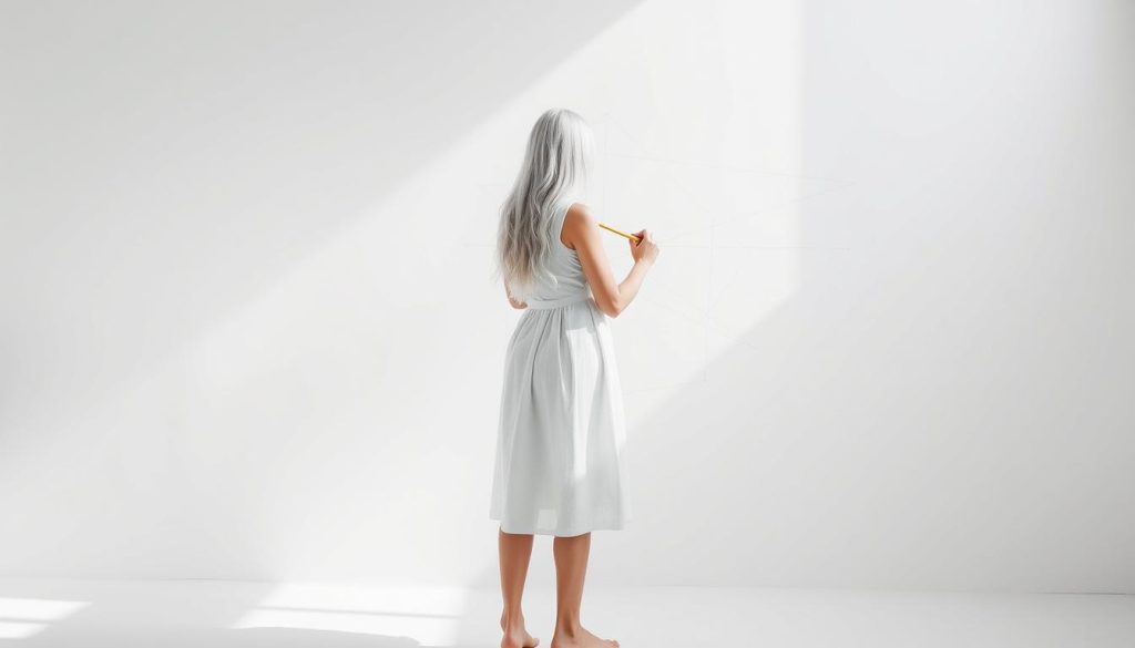 Minimalist drawing: a simple yet elegant composition of delicate lines intersecting and intertwining against a crisp, pristine backdrop. Skinny 25-year-old woman in a knee-length white cotton dress stands in a serene, well-lit studio, her long white hair cascading softly as she carefully, meticulously guides a pencil across the page, crafting a mesmerizing web of fine, feathery strokes. Indirect natural lighting bathes the scene in a soft, diffused glow, creating subtle shadows that accentuate the refined, understated beauty of the drawing process. The overall atmosphere exudes a sense of tranquility, inviting the viewer to pause and appreciate the meditative grace of minimalist art.