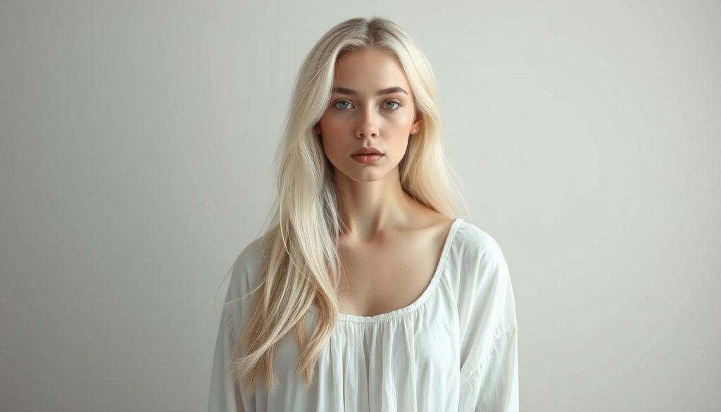 Minimalist portrait of a pensive young woman with delicate features and a serene expression. Captured in a simple, ethereal composition using natural lighting. The subject's long white hair and flowing cotton dress create a sense of graceful movement, accentuated by the generous use of negative space. The background is a soft, muted gradient, allowing the subject to take center stage. The overall mood is one of quiet contemplation and a stripped-down, meditative aesthetic.