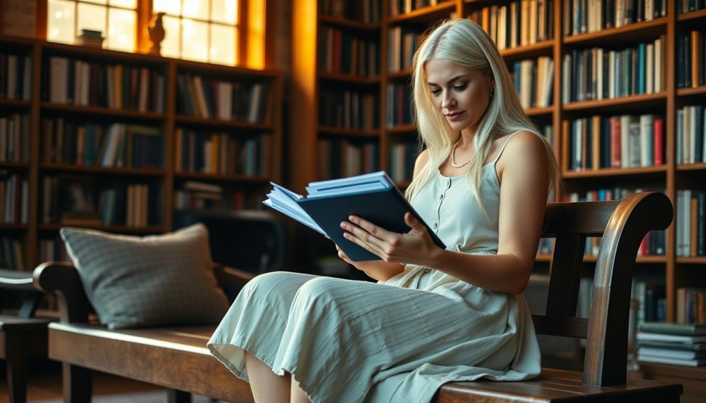 Can Love Language Be Music: Does Music Speak Love? Skinny 25-year-old woman with long white hair in a knee-length cotton dress sitting on a wooden bench, thoughtfully examining a stack of product reviews on a tablet device. The scene is set in a cozy home library, with bookshelves lining the walls and a warm, golden lighting filtering through the windows. The woman's expression conveys a sense of careful consideration as she navigates the online reviews, evaluating the true value of various consumer goods. The overall atmosphere is one of contemplation and discernment, reflecting the theme of the article's section on making informed purchasing decisions.