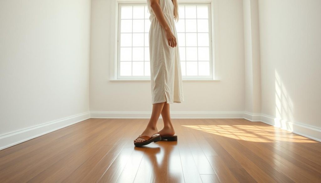 Skinny 25-year-old woman with long white hair in a knee-length cotton dress, standing confidently on a polished wood floor, her wide feet encased in minimalist leather sandals with thick soles. Soft, diffused natural light streams in through large windows, illuminating the room's clean, minimalist aesthetic. The woman's pose is relaxed yet poised, showcasing the comfortable, supportive fit of her footwear. The scene captures the essence of simplicity, function, and style that defines the "wide feet fit" concept, as if presented in a high-end lifestyle editorial.