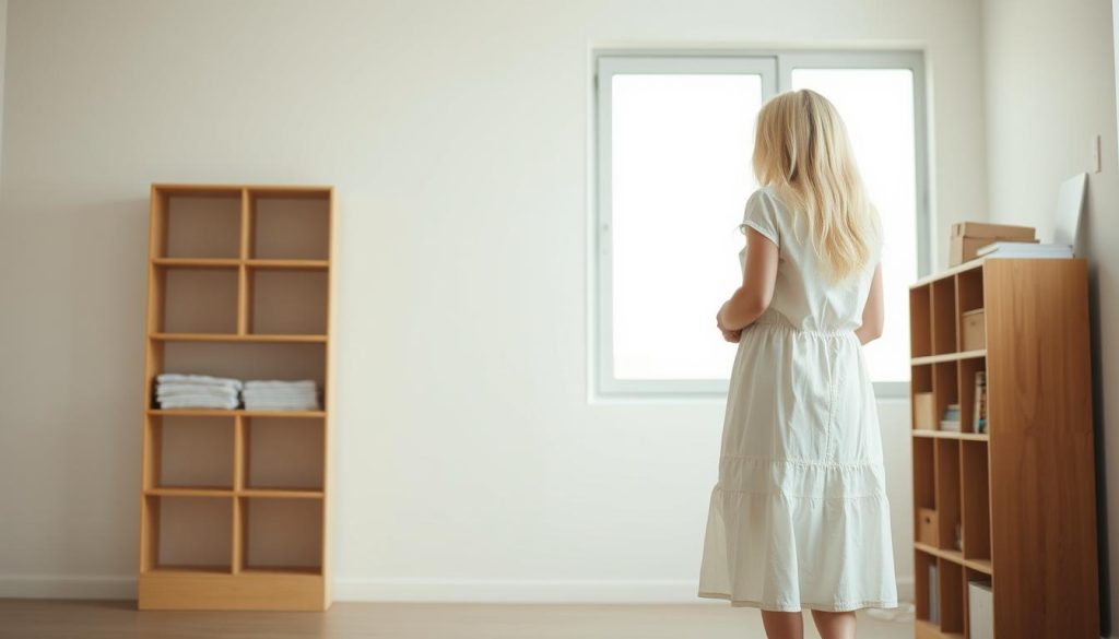 Skinny 25-year-old woman with long white hair in a knee-length cotton dress, standing in a minimalist, well-lit room, gently organizing and decluttering her personal belongings. Soft, natural lighting illuminates the scene, creating a serene and inviting atmosphere. The woman's movements are calm and deliberate, reflecting a sense of focus and mindfulness. In the background, a neutral-toned bookshelf and a large window provide a simple, uncluttered backdrop, emphasizing the theme of decluttering and organization. The overall composition conveys a sense of tranquility and accomplishment, capturing the essence of the "Make Decluttering Easy: Small Wins, Timed Sessions" section. Skinny 25-year-old woman with long white hair in a knee-length cotton dress, standing in a minimalist, well-lit room, gently organizing and decluttering her personal belongings. Soft, natural lighting illuminates the scene, creating a serene and inviting atmosphere. The woman's movements are calm and deliberate, reflecting a sense of focus and mindfulness. In the background, a neutral-toned bookshelf and a large window provide a simple, uncluttered backdrop, emphasizing the theme of decluttering and organization. The overall composition conveys a sense of tranquility and accomplishment, capturing the essence of the "Make Decluttering Easy: Small Wins, Timed Sessions" section.