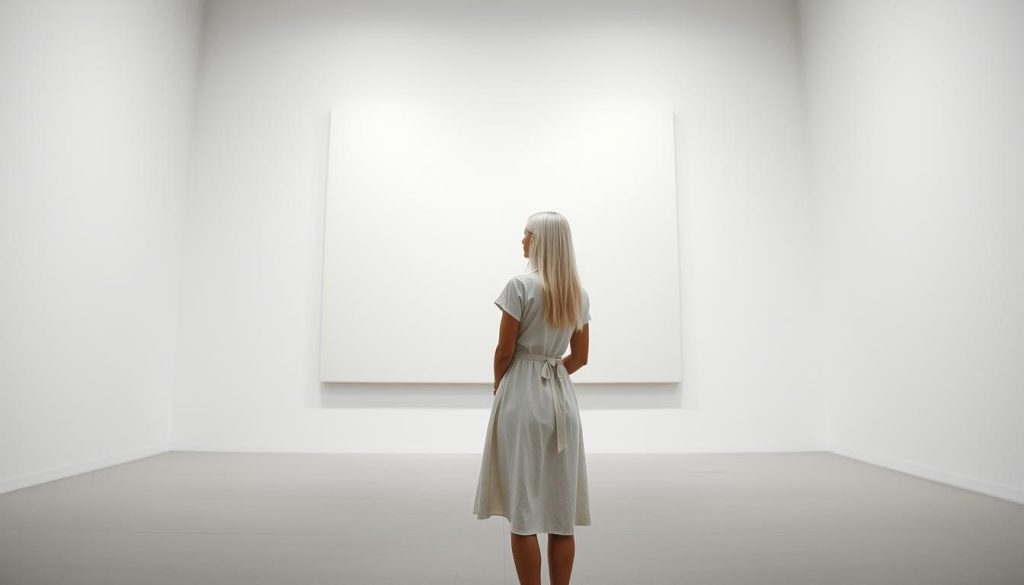 Skinny 25-year-old woman with long white hair in a knee-length cotton dress stands in a minimalist art gallery, gazing intently at a large, austere canvas. Soft, diffused lighting bathes her figure, creating a contemplative atmosphere. The gallery walls are stark white, with a clean, geometric design that emphasizes the simplicity of the space. The woman's expression is one of deep focus, as she absorbs the subtle details and conceptual layers of the minimalist artwork before her. Her posture is relaxed yet attentive, embodying the meditative quality of the minimalist aesthetic.