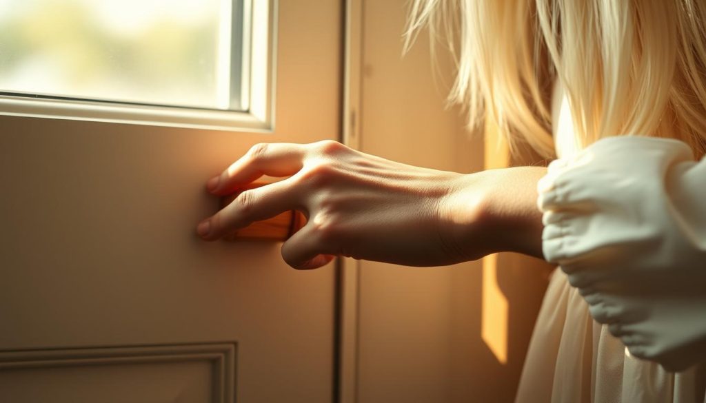 Skinny, delicate fingers of a 25-year-old woman with long white hair, gently resting on a smooth, minimalist wooden door handle. Soft, indirect lighting from a nearby window casts a warm, natural glow, highlighting the tactile details of the hand and the simple, utilitarian design of the hardware. The woman's cotton dress sways subtly, creating a sense of effortless elegance. The composition emphasizes the hand's interaction with the everyday household touchpoint, underscoring the notion that such features are often overemphasized in home design.